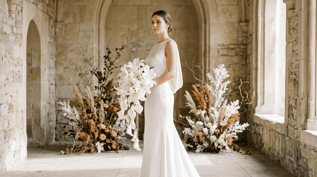 A modern bride in a high-end silk wedding gown holding a stunning, cascading white lily bouquet