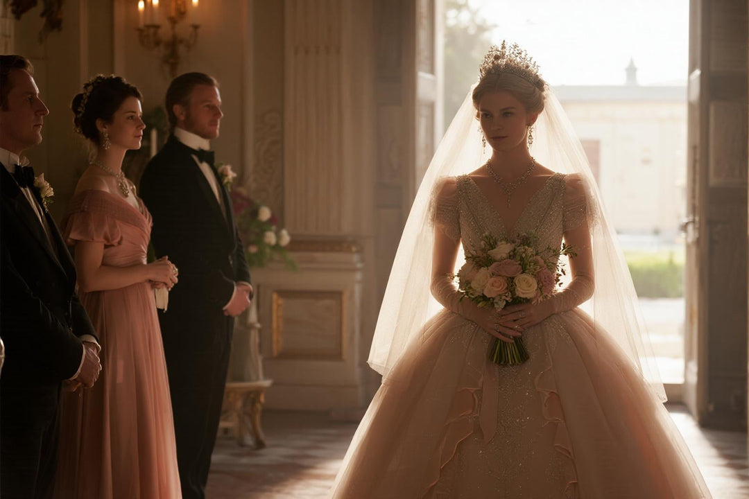 Modern bride walking down aisle in elegant gown holding unique silk bouquet indoors