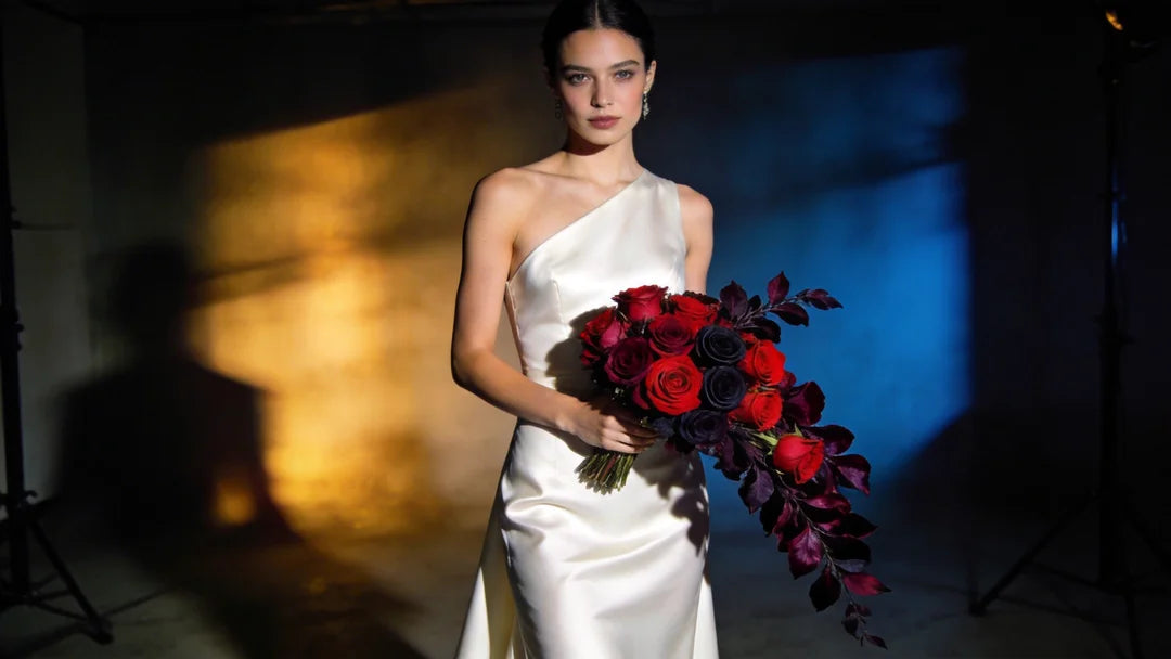 A modern bride wearing a sharp, minimalist white silk gown, holding a dramatic, asymmetrical red rose bouquet. The bouquet features deep burgundy, dark red roses, and moody dark velvet foliage