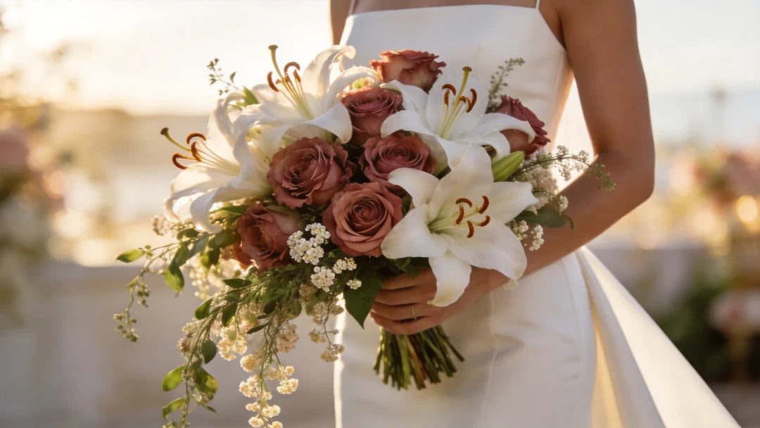 A photorealistic, Vogue wedding aesthetic bridal bouquet featuring a lush mix of premium dusty rose garden roses and large white Oriental lilies