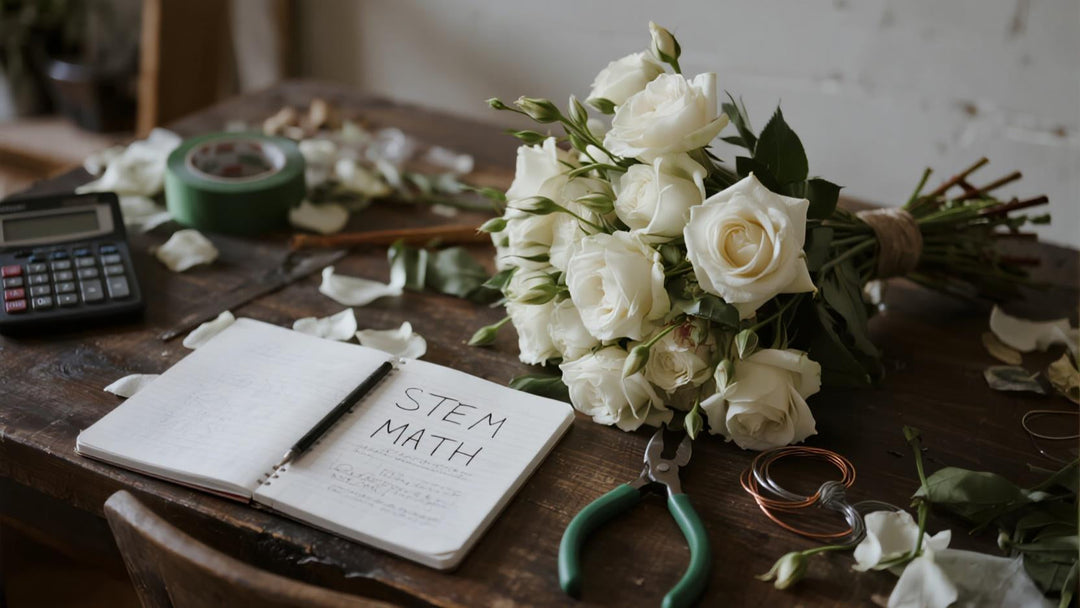 A photorealistic, high-quality flat lay photography of a chaotic but aesthetic wedding florist workspace. On a rustic wooden table, there is a partially assembled lush white garden rose bouquet