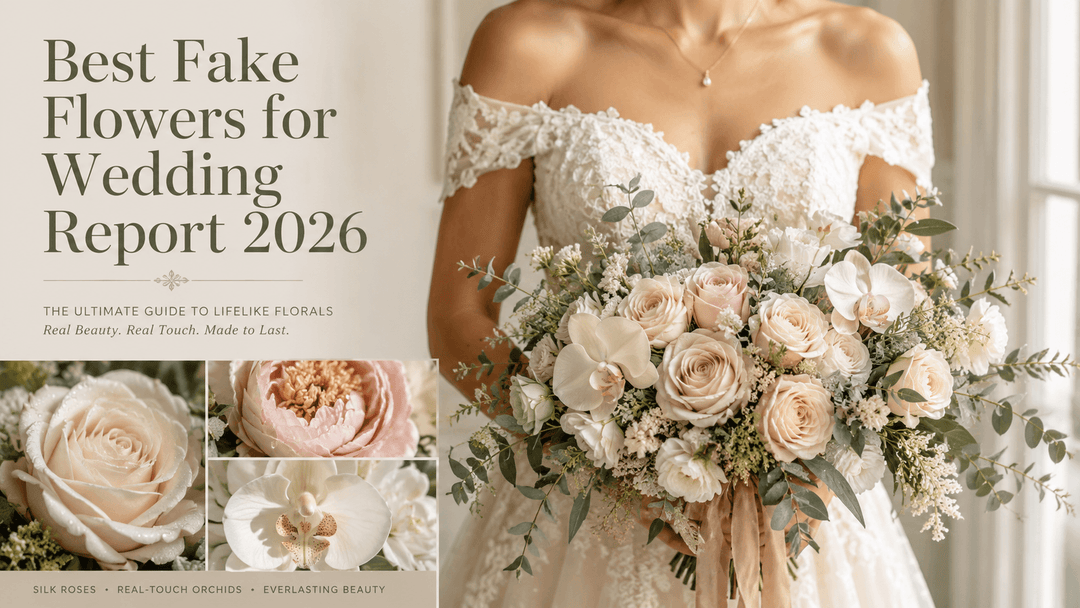 A premium wedding editorial cover image for an article titled “Best Fake Flowers for Wedding Report 2026”