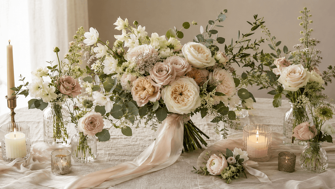 A refined editorial wedding floral scene showing luxurious-looking yet budget-conscious wedding flowers arranged on a neutral linen table