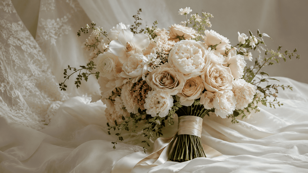 A refined editorial wedding photography image featuring a hand-tied bridal bouquet placed on a soft ivory wedding gown fabric