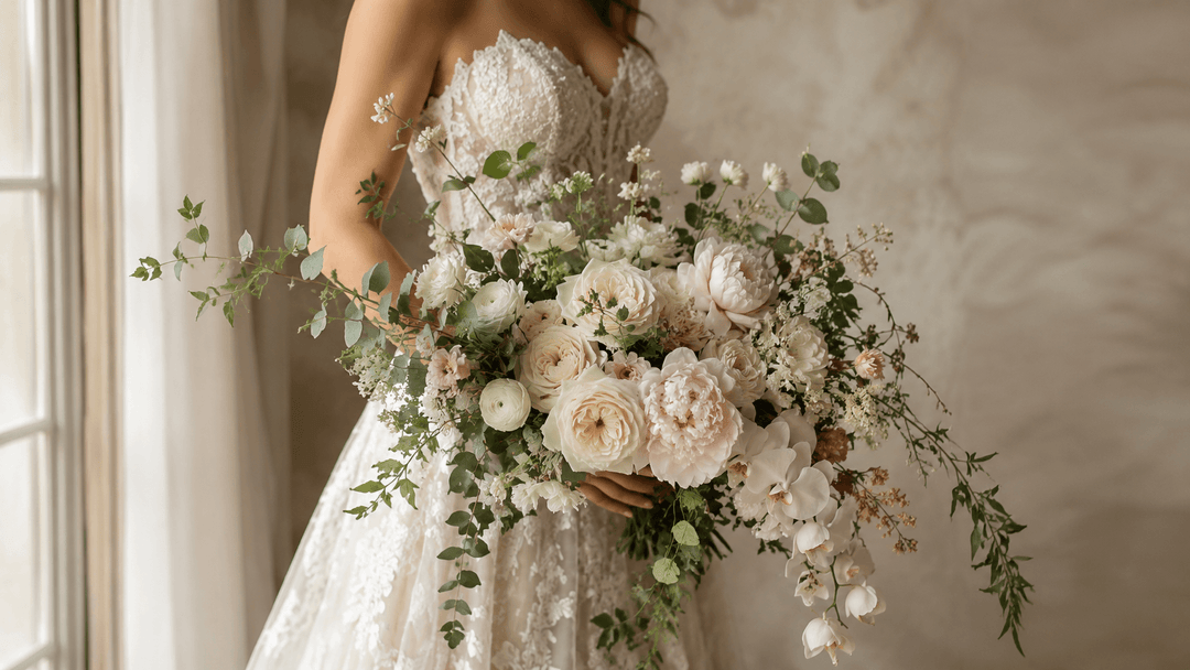 A refined editorial wedding portrait of a bride holding an oversized bridal bouquet at natural waist height, showing how a big bouquet can look dramatic without overpowering the dress