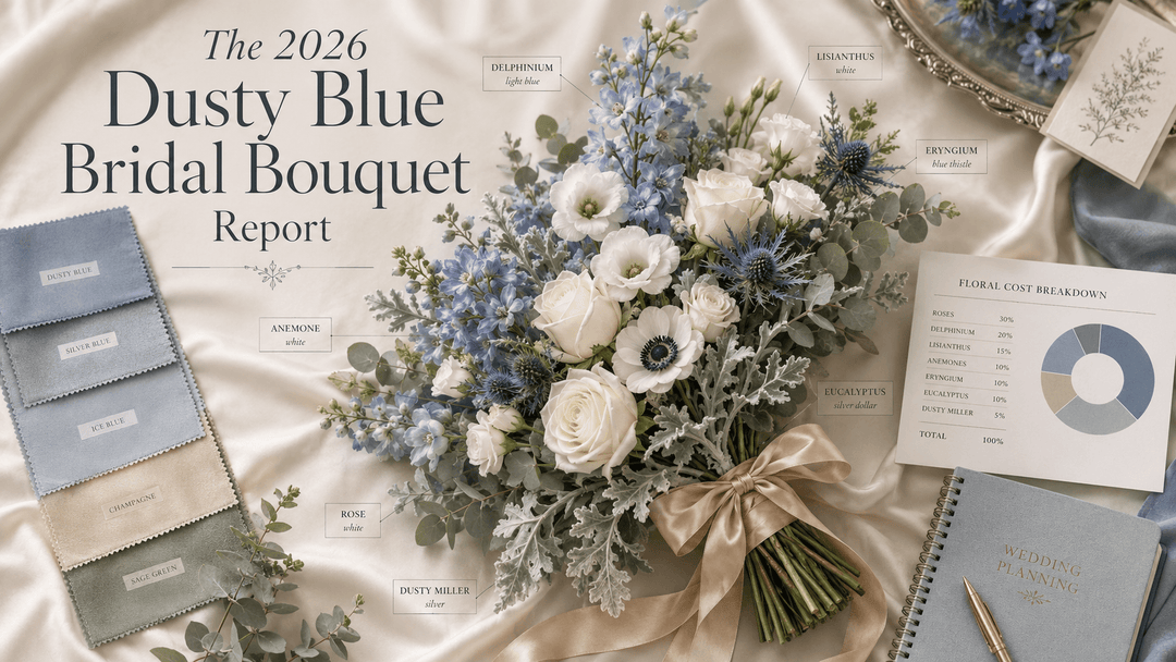 A refined editorial wedding report cover titled “The 2026 Dusty Blue Bridal Bouquet Report”