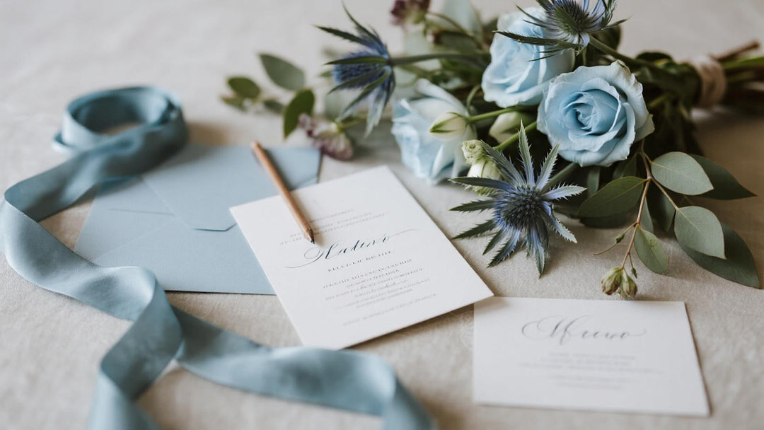Dusty blue wedding flowers, ribbon, envelopes, and invitations on a romantic flat lay.