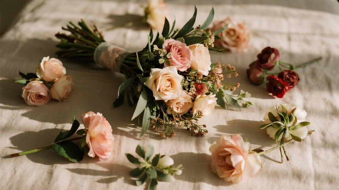 A romantic flat lay of silk wedding flowers, including a bridal bouquet, bridesmaid flowers, and loose florals arranged on soft fabric