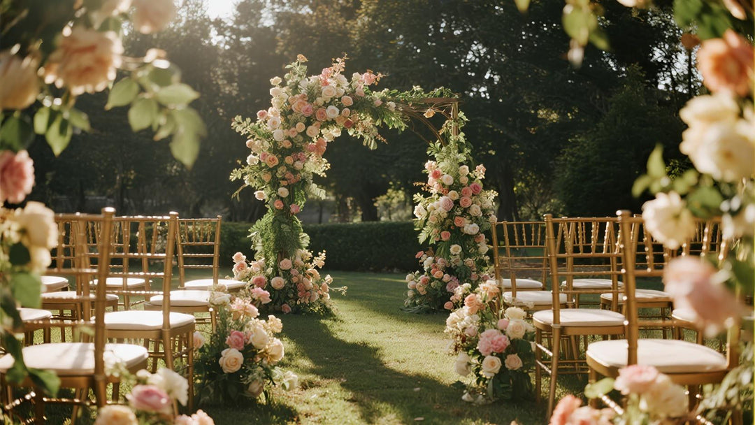 Romantic outdoor wedding ceremony with floral arch and gold chairs on green lawn