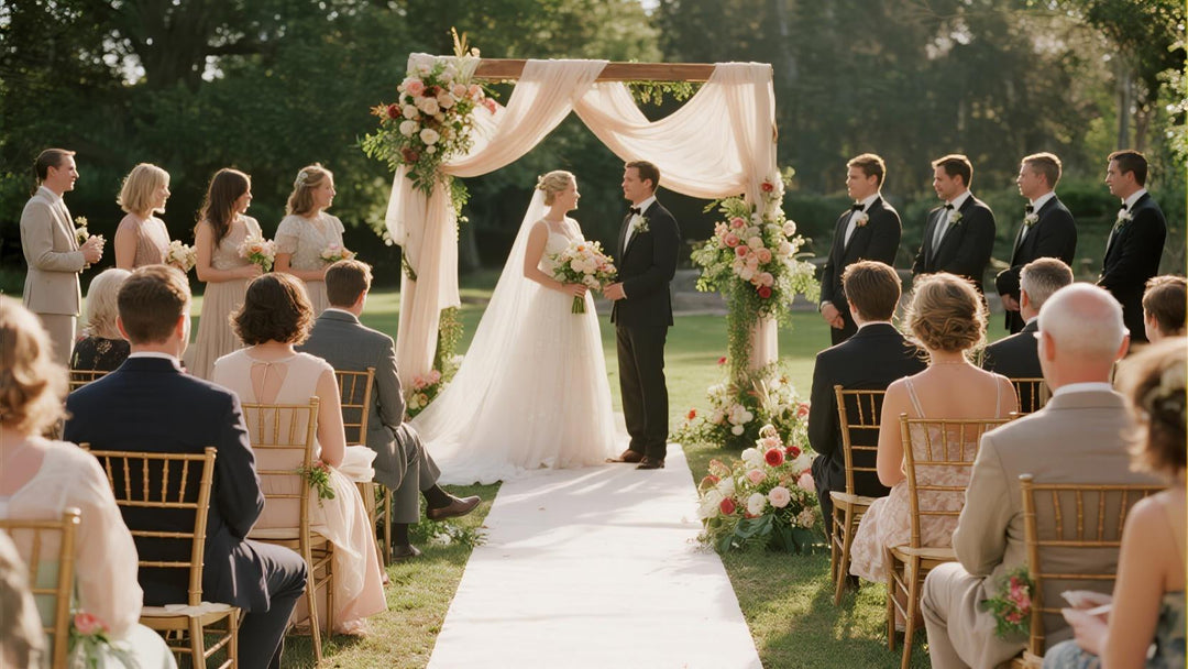 Outdoor wedding ceremony with modern floral arch, bride and groom under draped fabric decor
