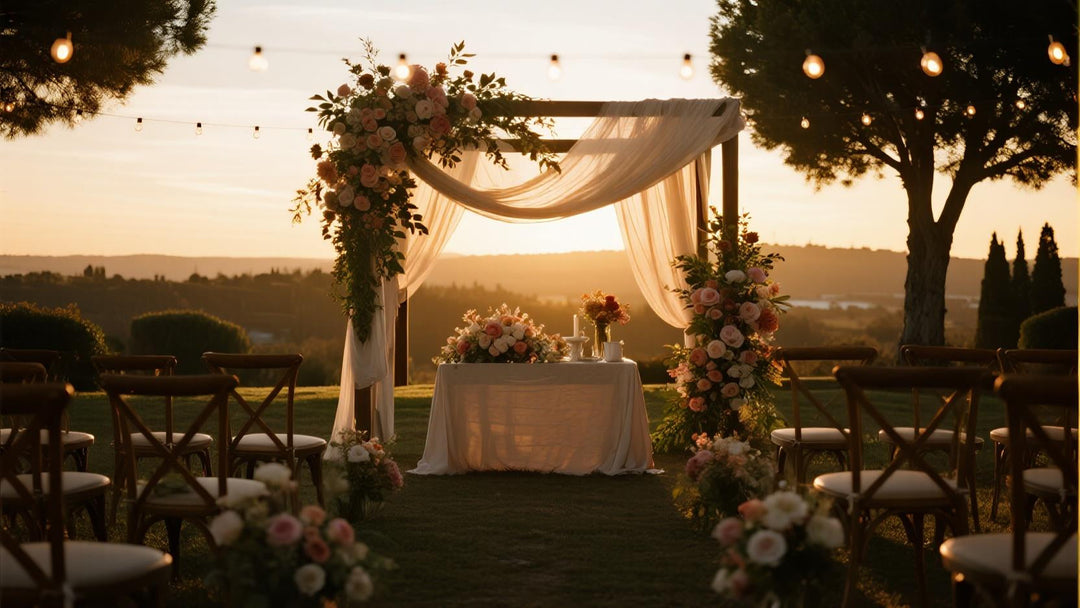Romantic outdoor wedding scene at sunset with floral arch and pastel flower decorations