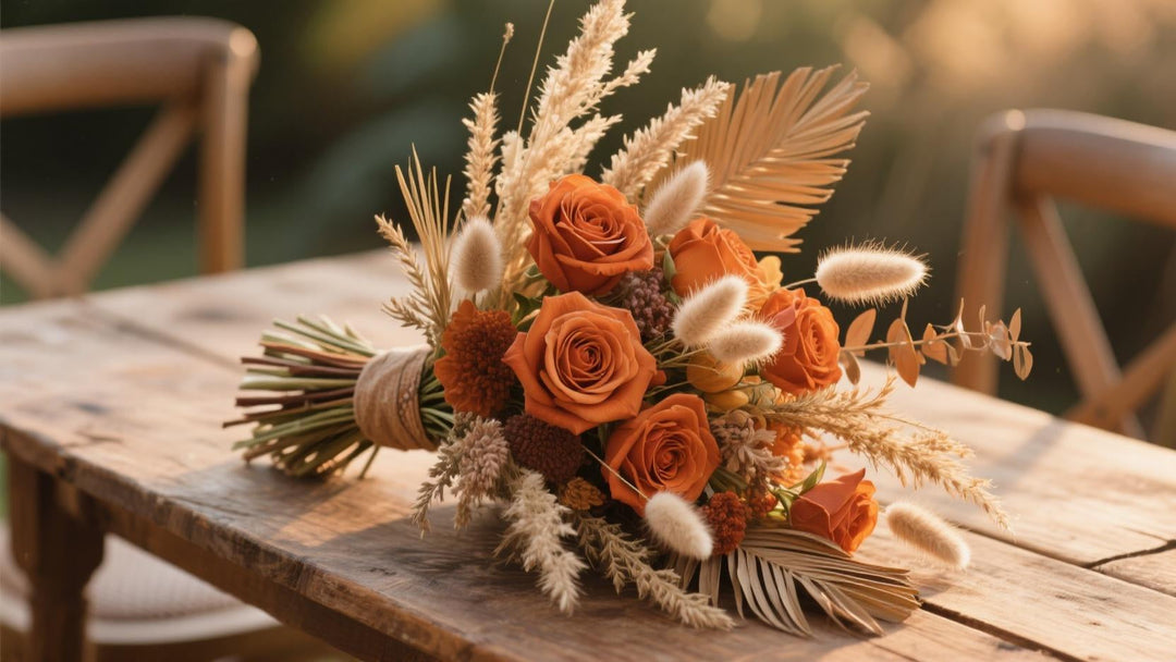 A romantic terracotta-themed wedding bouquet laid on a rustic wooden table