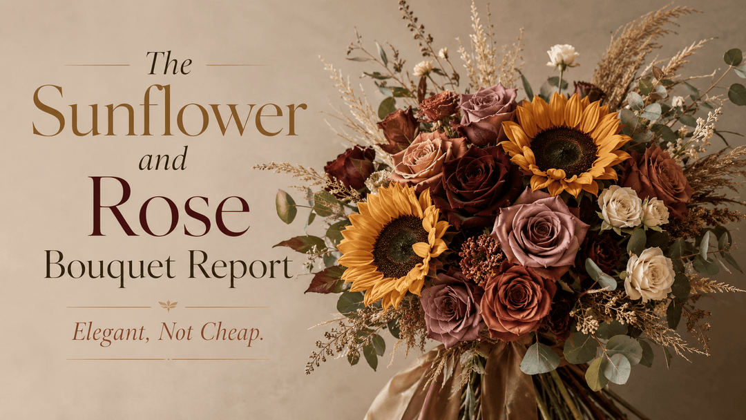 A sophisticated editorial wedding floral report cover featuring an elegant sunflower and rose bouquet styled on a warm neutral studio background