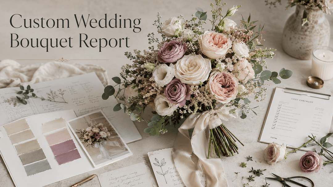 A sophisticated editorial wedding floral report cover image showing a realistic custom bridal bouquet design process on an elegant neutral worktable