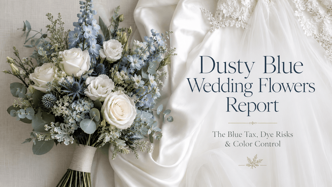 A sophisticated editorial wedding report cover image about dusty blue wedding flowers