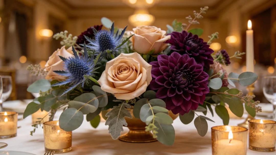 A sophisticated floral centerpiece featuring dusty blue thistle, soft champagne Quicksand roses, and deep plum eggplant dahlias