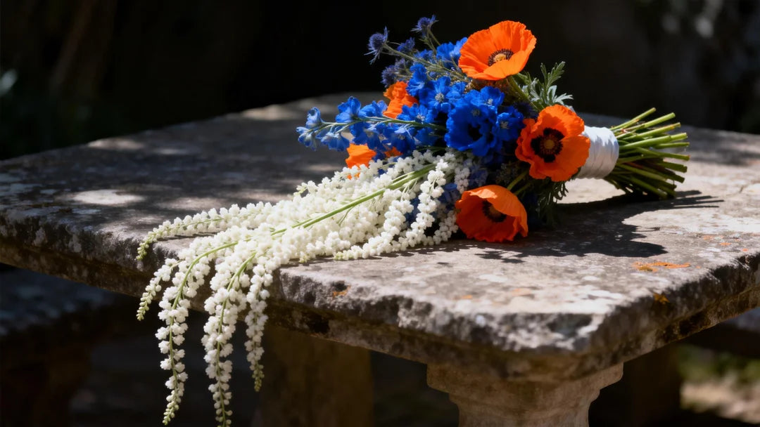A sophisticated, messy-chic bridal bouquet resting on a weathered stone table. The bouquet features long-stemmed white Amaranthus cascading down, mixed with bold Paloma palette colors cobalt blue and vibrant citrus orange poppies