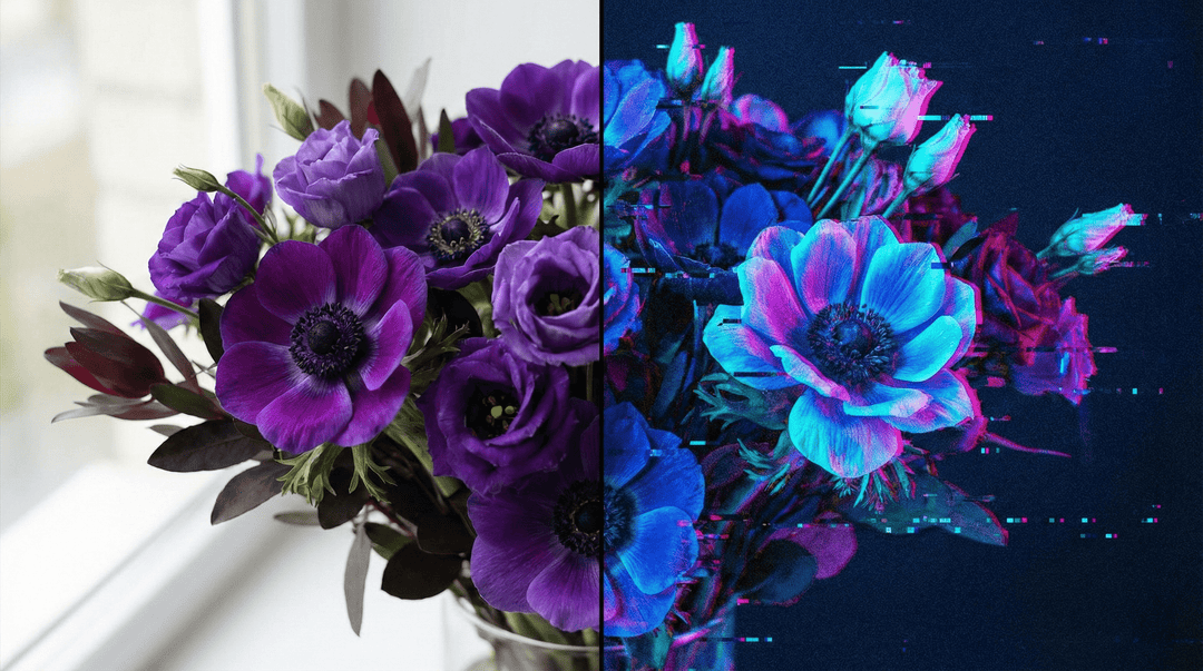 A split-screen comparison of a wedding bouquet. Left side A realistic view of a rich, deep purple Anemone and Lisianthus bouquet. Right side The exact same bouquet but rendered in electric blue and neon tones