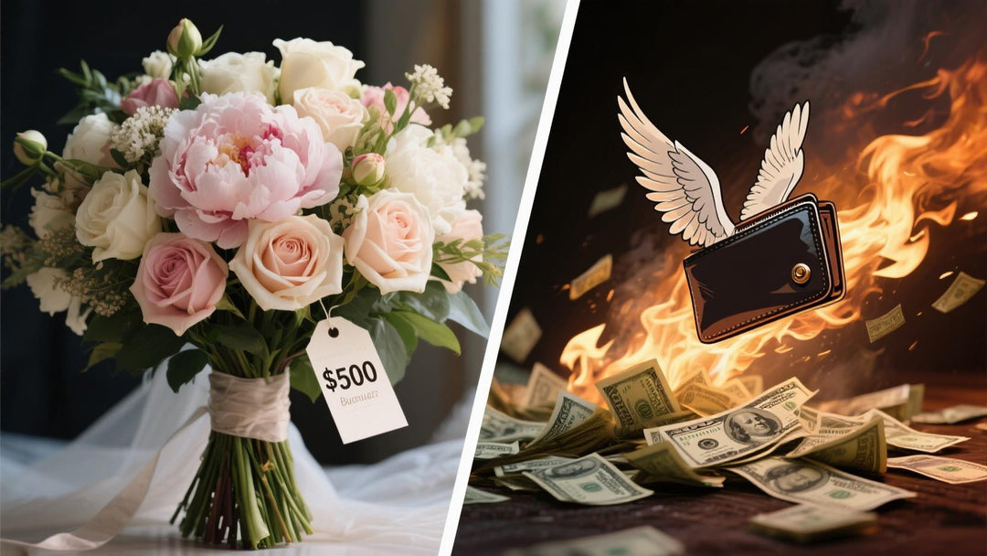 A split-screen composition regarding wedding budget. left side a luxurious wedding bouquet with a price tag reading $500. right side a stylized, artistic illustration of a wallet with angel wings flying away