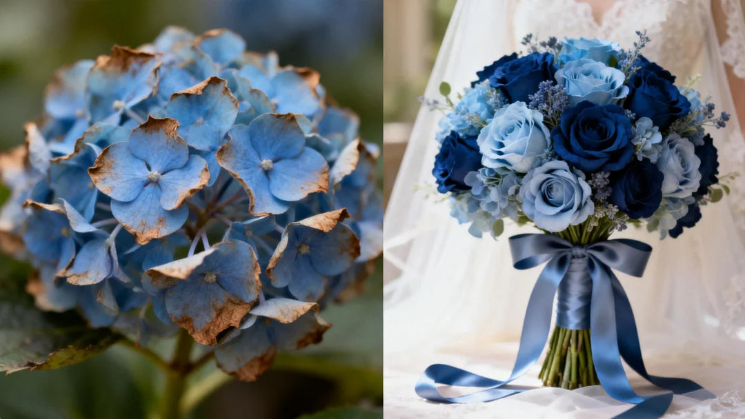 A split-screen left, a close-up wilting blue hydrangea with browned edges in moody light; right, a lush, durable Dusty Blue and Navy artificial bridal bouquet with silk ribbons.