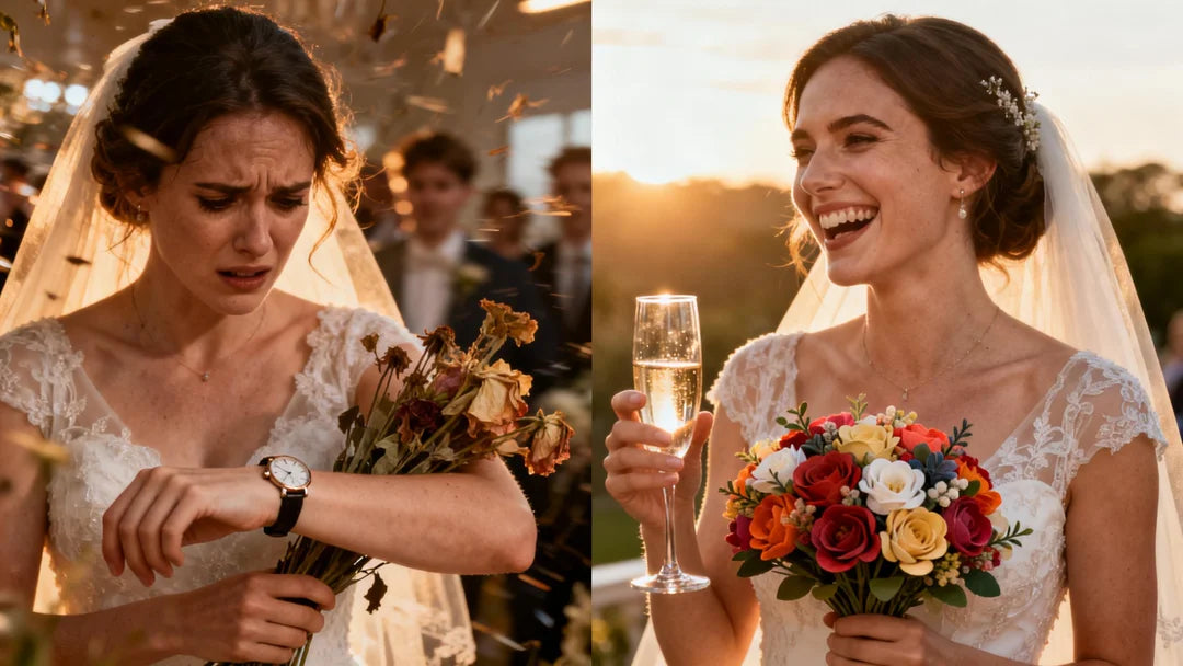 A split-screen left, a stressed bride with wilted flowers and a wristwatch, in a chaotic scene; right, a calm, sharp image of a laughing bride with champagne and a vibrant artificial bouquet.