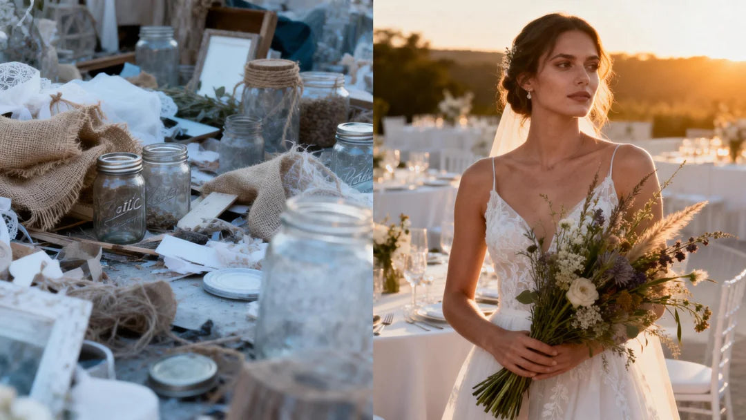 A split-screen left, chaotic rustic wedding decor with burlap and mason jars; right, a sophisticated modern setup with warm lighting and a relaxed bride holding a wild floral bouquet.