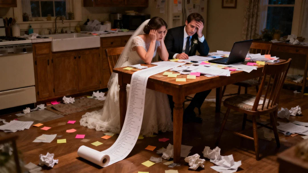 A stressed bride and groom sitting at a chaotic kitchen table covered in papers, sticky notes, and a laptop. They are looking at a long scroll of a guest list that rolls off the table onto the floor