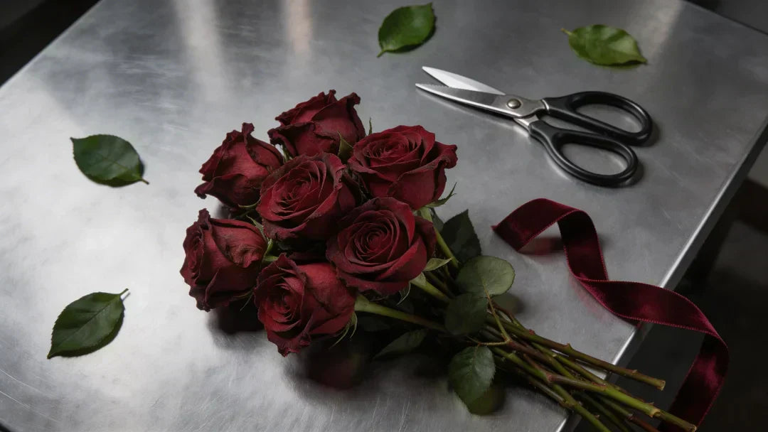 A stunning but slightly distressed dark red rose bouquet lying on a cold, brushed stainless steel prep table