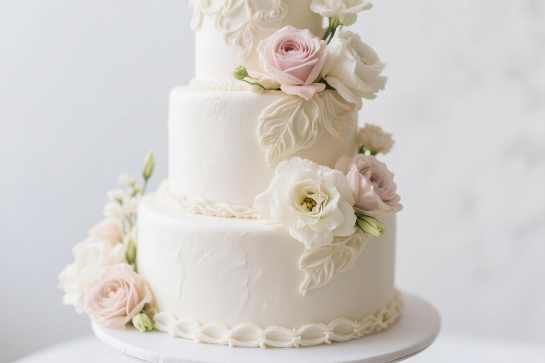 Elegant white wedding cake with silk and fresh pink and white flowers close-up