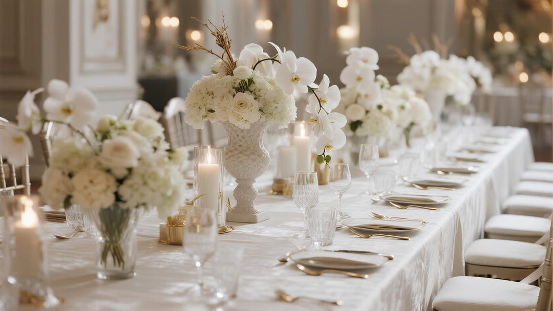 A stunning, high-end cinematic shot of an all-white wedding reception dinner