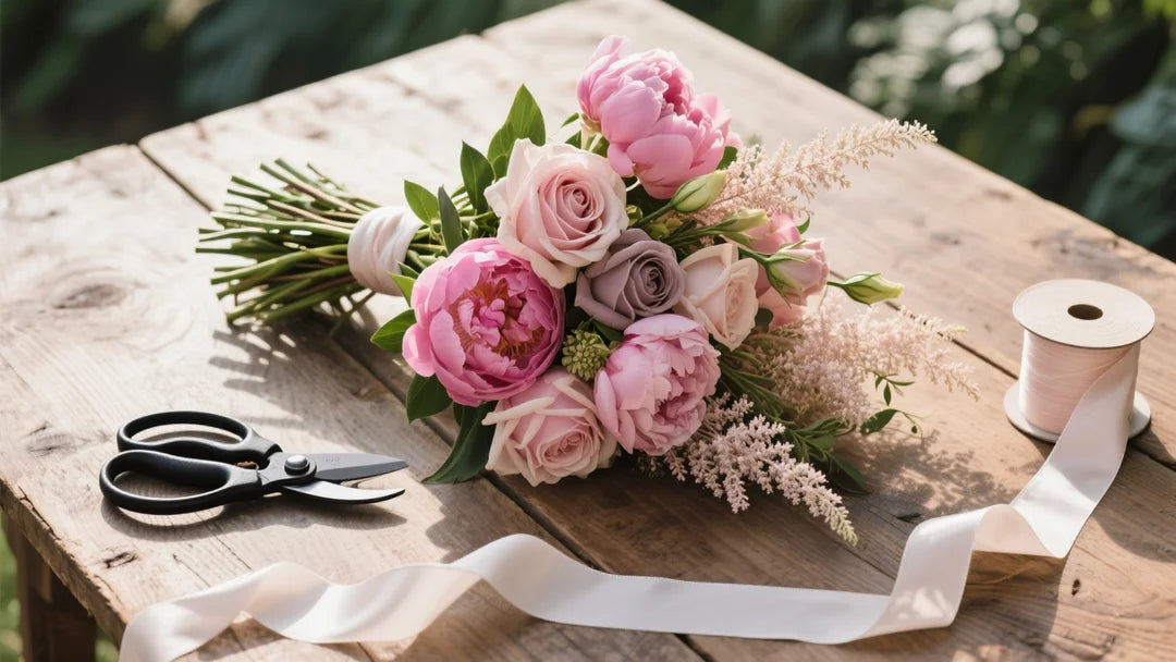 A stunning, high-end editorial flat-lay on a rustic wooden table. Half-finished elegant bridal bouquet featuring vibrant pink peonies, dusty rose garden roses, and delicate astilbe