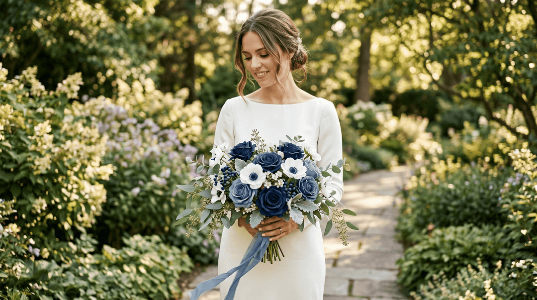 A stunning, photorealistic bridal bouquet featuring deep navy blue and dusty blue roses, paired with crisp white anemones and trailing seeded eucalyptus