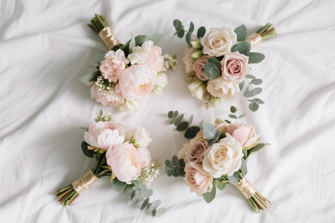 Elegant artificial silk wedding bouquets with pale roses and peonies on white fabric