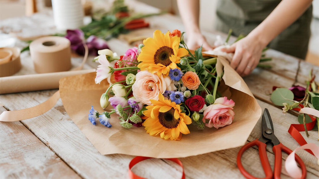Florist arranging vibrant modern bouquet with sunflowers and roses on rustic wooden table