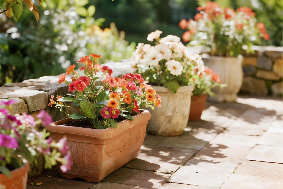 Colorful artificial flowers in elegant planters on a vibrant outdoor patio