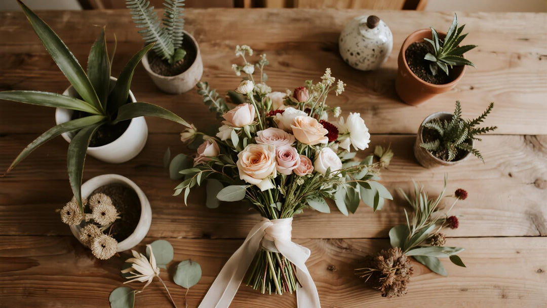 Eco-friendly wedding flowers bouquet with succulents on rustic wood table