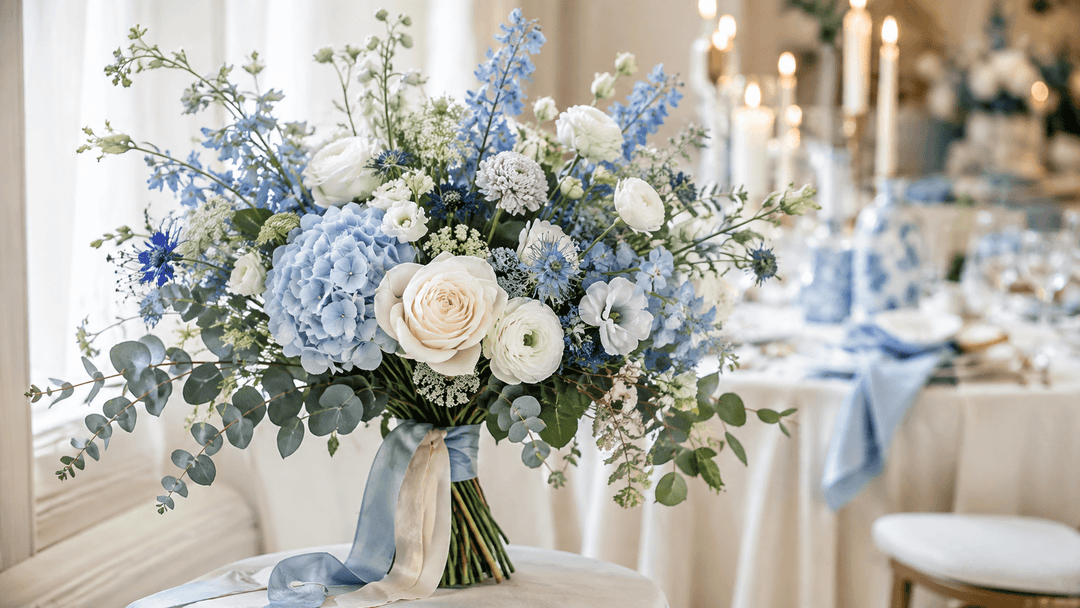 Blue and white wedding flowers with dusty blue hydrangea, delphinium, ivory roses, white ranunculus, and greenery in an elegant bridal bouquet.