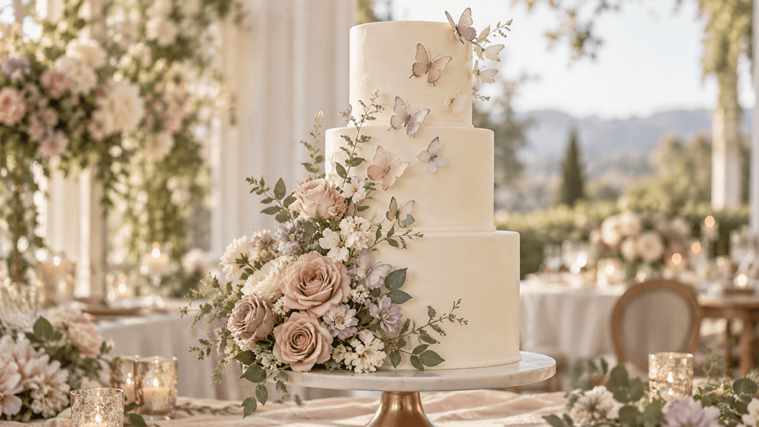 Blush pink and purple butterfly wedding cake flowers arranged on a three-tier ivory garden wedding cake.