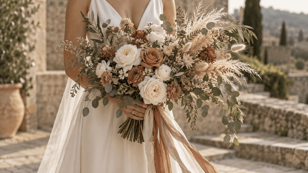 Boho bridal bouquet with terracotta, cream, mauve flowers, greenery, pampas grass, and flowing silk ribbons held by a bride.