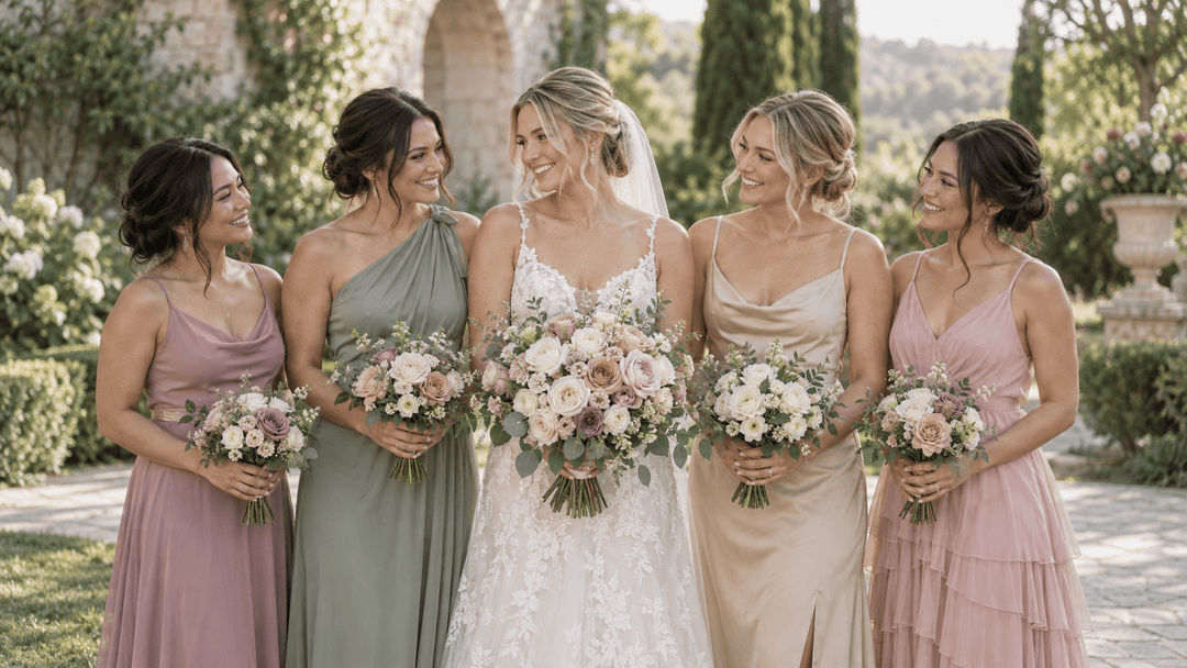 Bride and bridesmaids holding coordinated but non-identical bouquets in blush, ivory, mauve, and greenery.