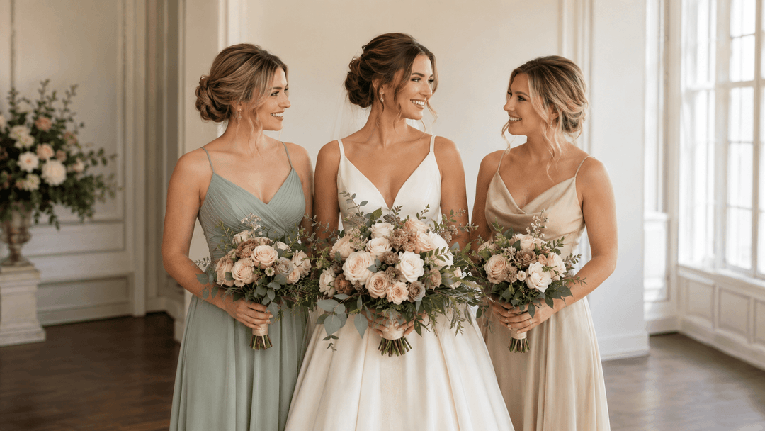 Bride and bridesmaids holding coordinated premade wedding bouquets in ivory, blush, champagne, and soft greenery.
