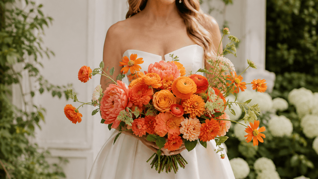 Bride holding a bright orange wedding bouquet with tangerine, coral, peach, apricot, and citrus flowers.