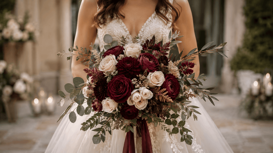 Bride holding a burgundy wedding bouquet with roses, dahlias, blush flowers, and ivory accents in an elegant wedding setting.