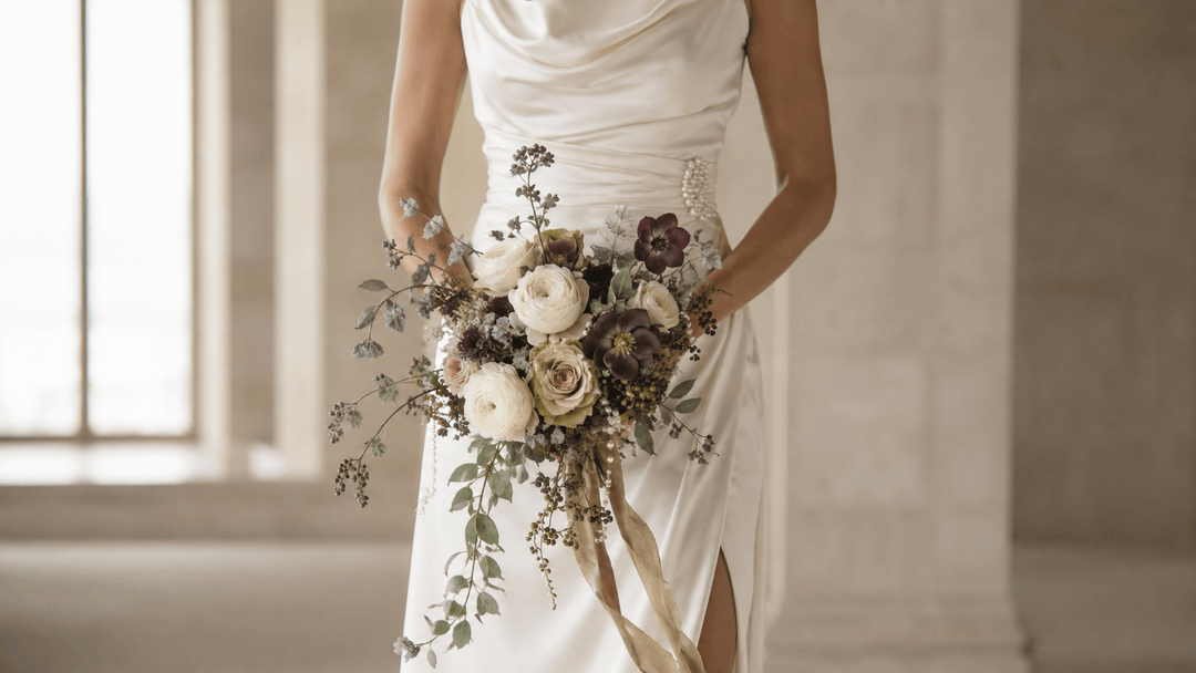 Bride holding a delicate cascading bouquet featuring ivory, plum, dusty olive, and blue-gray flowers inspired by Wedding Bouquet Trends 2027.