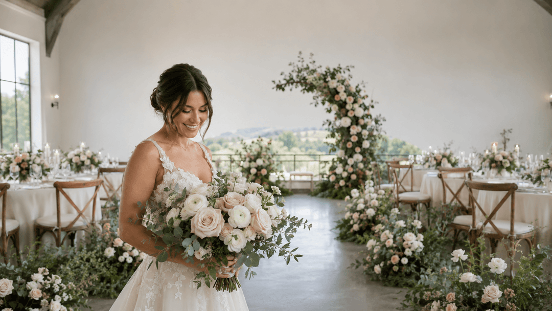 Bride holding a floral bouquet with coordinated ceremony arch, aisle, and reception wedding flower arrangements.