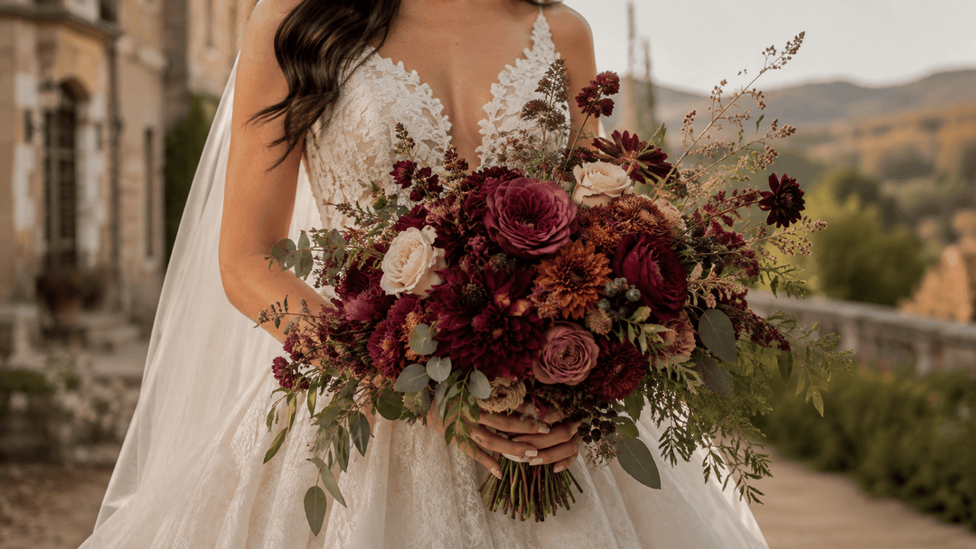 Bride holding a plum, merlot, bronze, and ivory fall bridal bouquet with dahlias, roses, chrysanthemums, berries, and eucalyptus.
