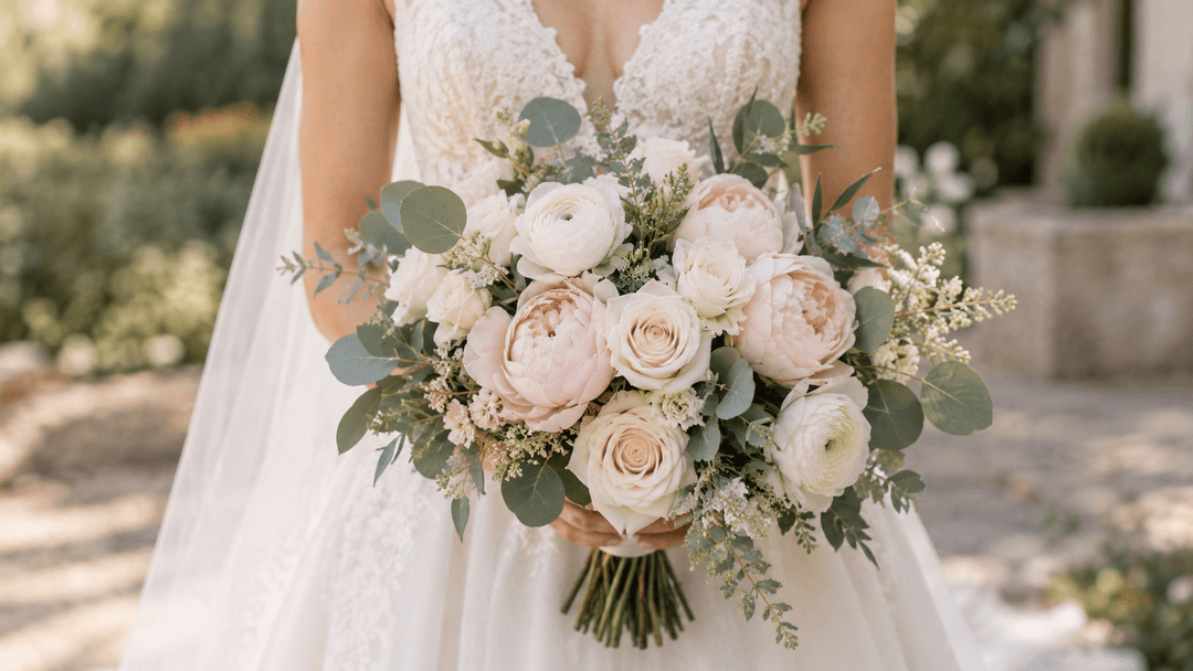Bride holding a realistic artificial bridal bouquet with ivory and blush flowers in soft outdoor light.