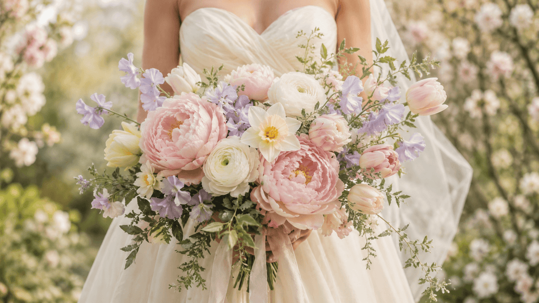 Bride holding a romantic spring wedding bouquet with peonies, ranunculus, tulips, and soft pastel flowers in a garden setting.