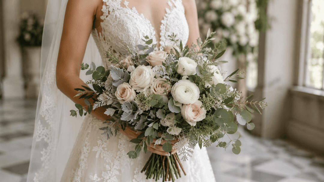 Bride holding a sage green wedding bouquet with ivory flowers, blush accents, and eucalyptus in an elegant wedding setting.