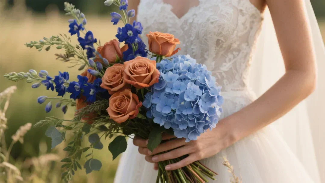 Bride holding a wild, asymmetric Meadow-Core bouquet with dusty blue hydrangeas, indigo delphiniums, and terracotta roses.